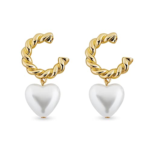 Pera Jewelry 14K Gold Plated Freshwater Cultured Pearl Earrings, C Shaped Dangle Pearl Earring, Heart Shaped Pearl Earrings for Women with Gift Box | Minimalist, Tiny Dainty Pearl Earrings