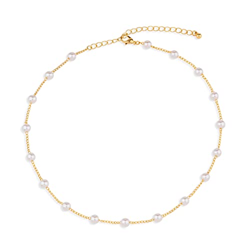 Pearl Choker Dainty Adjustable Necklace, White Freshwater Cultured Pearl Chain Necklace 18K Gold Plated Necklaces, Pearl Chain Necklace Pearl Necklace Everyday Jewelry