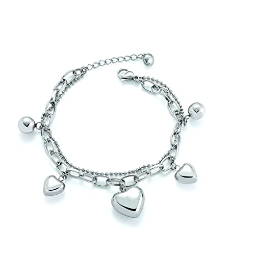 Pera Jewelry 14K Gold and Silver Plated Heart Charms Bracelet Heart Shape Link Bracelets, Zircon Heart Shaped Bracelet Heart Link Layered Chain Bracelet with Gift Box