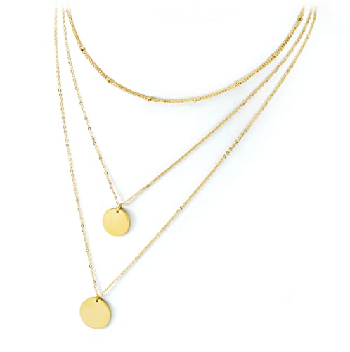 Pera Jewelry 14K Gold Plated, Silver Plated and Rose Gold Plated Coin Pendant, Layered Necklaces for Women with Gift Box | Adjustable Chain, Minimalist, Tiny Dainty Circle Choker Necklaces