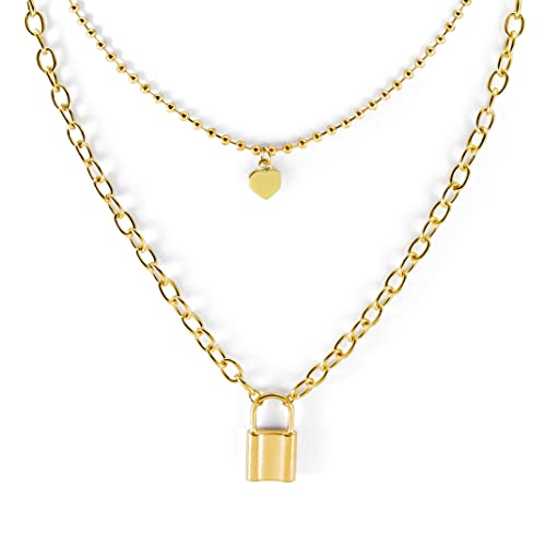Pera Jewelry 14K Gold Plated Pendant Heart & Lock Necklace for Women with Gift Box | Adjustable Chain, Minimalist, Tiny Dainty Heart & Lock Choker Necklaces