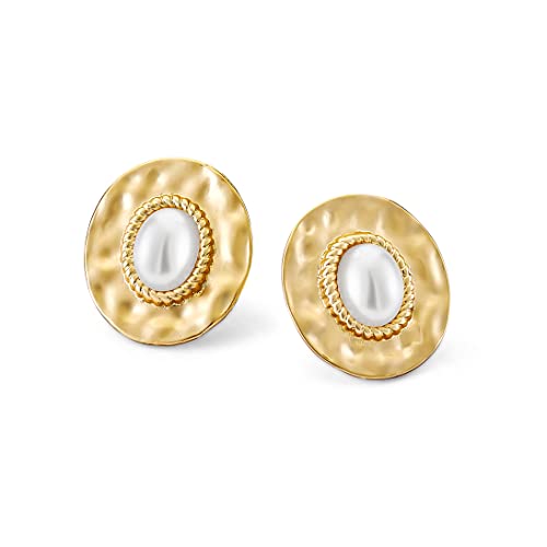 Pera Jewelry 14K Gold Plated Freshwater Cultured Pearl Earrings, Round Pearl Stud Earrings for Women with Gift Box | Minimalist, Tiny Dainty Pearl Earrings