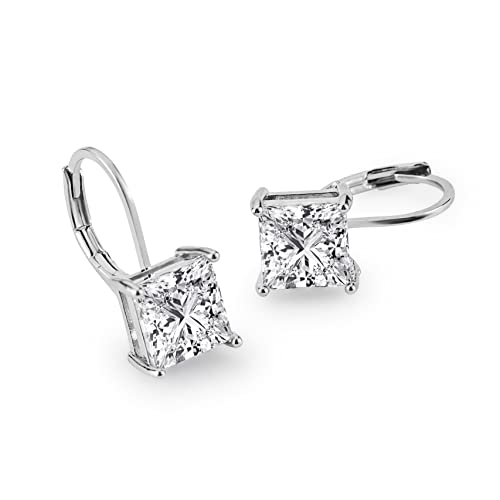 Pera Jewelry Sterling Silver Plated Princess Cut Cubic Zirconia Drop Earrings, Dangle Statement 4 Prong Cz Earrings for Women with Gift Box | Minimalist, Tiny Dainty Earrings