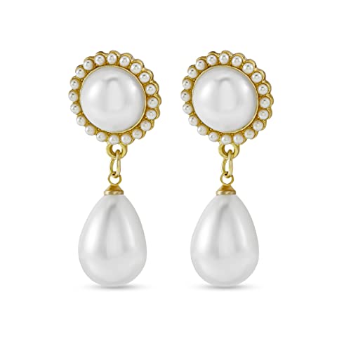 Pera Jewelry 14K Gold Plated Freshwater Cultured Pearl Earrings, Pearl Dangle Stud Earrings, Drop Pearl Earrings for Women with Gift Box | Minimalist, Tiny Dainty Pearl Earrings
