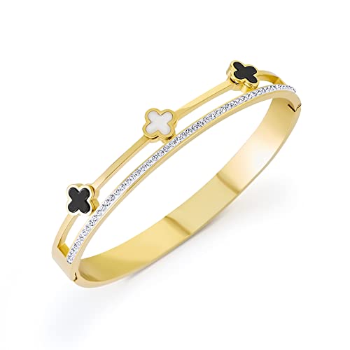 Pera Jewelry 14K Gold Plated Bangle Bracelet, Zirconia Simulate Diamond Bangle, Cuff Bracelets for Women with Gift Box, Buckled Nail Cuff Bold Bangle Bracelet