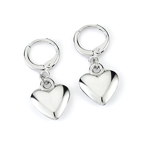 Pera Jewelry Sterling Silver Plated Heart Shaped Drop Earrings, Love Silver Plated Dangle Earrings for Women with Gift Box | Minimalist, Tiny Dainty Dangle Earrings
