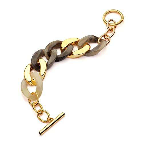 Pera Jewelry 14K Yellow Gold Plated Acrylic Paperclip Chain Bracelet, Thick Cuban Link Bracelets, Boho Oval Chain Link Bracelet Toggle Link Bracelets, Bold Link Chain Bracelets with Gift Box Gold - Black