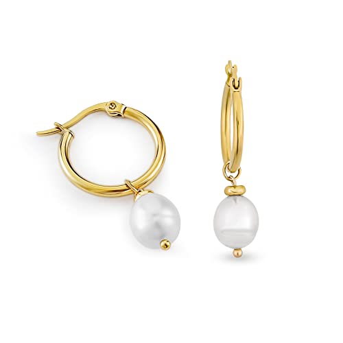 Pera Jewelry 14K Gold Plated Freshwater Cultured Pearl Earrings, Hoop Earrings with Pearl Dangle for Women with Gift Box | Minimalist, Tiny Dainty Pearl Earrings