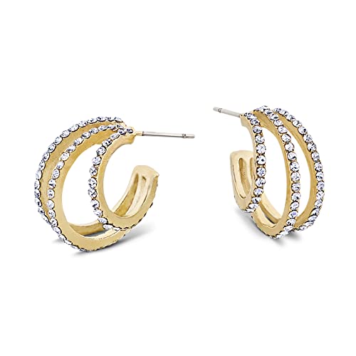 Pera Jewelry 14K Gold Plated Cubic Zirconia Earrings, Multilayer Hoop C Shaped Earrings, Simulated Diamond Half Hoop Earrings for Women with Gift Box | Minimalist, Tiny Dainty Earrings