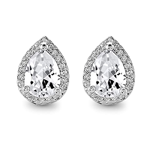 Pera Jewelry Sterling Silver Plated Cubic Zirconia Pear Cutting Stud Earrings, Pear-Shaped Simulated Diamond Cz Earrings for Women with Gift Box | Minimalist, Tiny Dainty Earrings
