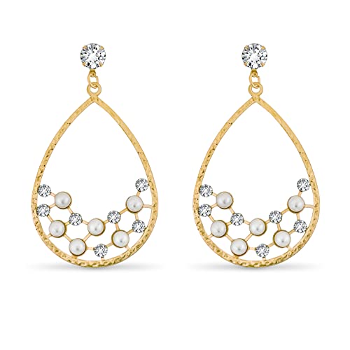 Pera Jewelry 14K Gold Plated Cubic Zirconia and Pearl Drop Earrings, Geometric Simulated Diamond and Pearl Dangle Earrings for Women with Gift Box | Minimalist, Tiny Dainty Dangle Earrings