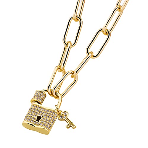 Pera Jewelry 14K Gold Plated Pendant Heart Lock & Key Necklace for Women with Gift Box | Adjustable Chain, Minimalist, Tiny Dainty Choker Necklaces Gold Plated Diamond Lock