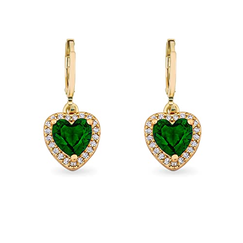 Pera Jewelry 14K Gold Plated Heart Shaped Earrings, Simulated Emerald and White Diamond Drop Earrings, Cubic Zirconia Dangle Earrings for Women with Gift Box | Minimalist, Tiny Dainty Earrings