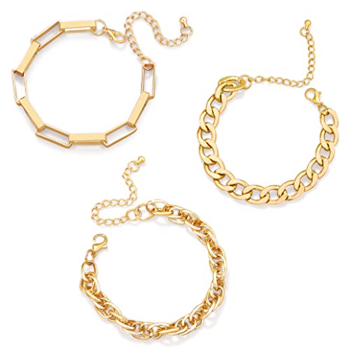 Pera Jewelry 14K Gold and Silver Plated Layered Bracelet Sets, 3 Pieces, Adjustable Layered Link Bracelets Sets, Dainty Link Paperclip Choker Bracelet Cuban Curb Figaro Link Bracelet Sets with Gift Box