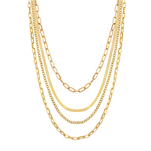 Pera Jewelry 14K Gold Plated Dainty Layering Necklaces for Women, Snake Chain, Curb Link, Paperclip Layered Chains Necklaces, Real Gold Plated Non-Tarnish Multi Layered Necklaces