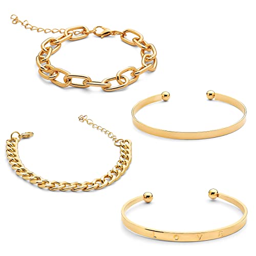 Pera Jewelry 14K Gold and Silver Plated Layered Bracelet Sets, 4 Pieces, Adjustable Layered Link Bracelets Sets, Dainty Link Paperclip Choker Bracelet Cuban Curb Figaro Link Bracelet Sets with Gift Box