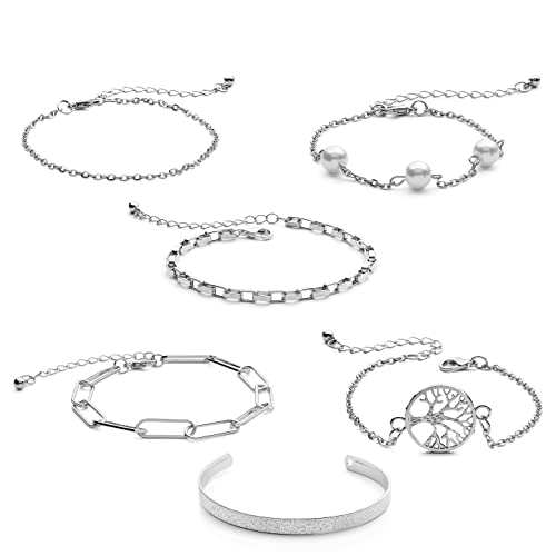 Pera Jewelry 14K Gold and Silver Plated Layered Bracelet Sets, 6 Pieces, Adjustable Layered Link Bracelets Sets, Dainty Link Paperclip Choker Bracelet Cuban Curb Figaro Link Bracelet Sets with Gift Box