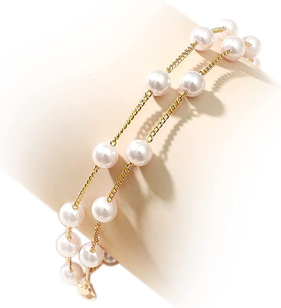 Pera Jewelry 14K Gold Plated Simulated White Pearls Bracelet, Link Adjustable Chain Bracelet for Women with Gift Box, Multilayer Simulated Pearl Bracelet with Chain