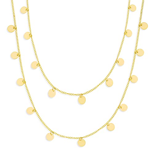14K Yellow Gold Plated Disc Necklace Multi Station Necklaces Layering Long Gold Necklace, Gold Disk Necklace, Gold Dangling Disc Choker Necklace, Round Disc Pendant Necklace | Dainty Station Jewelry