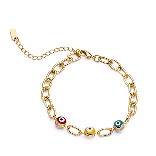 Pera Jewelry 14K Yellow Gold Plated Evil Eye Bracelets, Charm Enamel Evil Eye Protection Link Chain Bracelet, String Evil Eye Bracelets with Gift Box