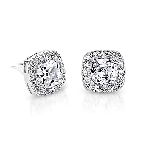 Pera Jewelry Sterling Silver Plated Cubic Zirconia Cushion Cutting Stud Earrings, Simulated Diamond Cz Stud Earrings for Women with Gift Box | Minimalist, Tiny Dainty Earrings