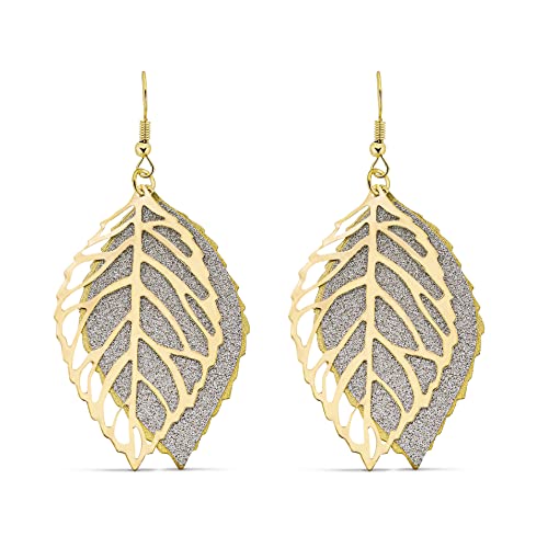 Pera Jewelry 14K Gold Plated Leaf Shape Earrings, Double Layer Tree Leaf Shape Dangle Earrings for Women with Gift Box | Minimalist, Tiny Dainty Lightweight Chandelier Dangle Drop Earrings