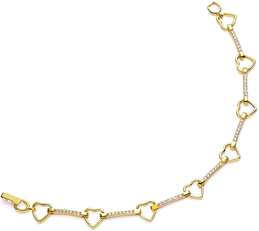 Pera Jewelry 14K Gold and Silver Plated Heart Charms Bracelet Heart Shape Link Bracelets, Zircon Heart Shaped Bracelet Heart Link Layered Chain Bracelet with Gift Box