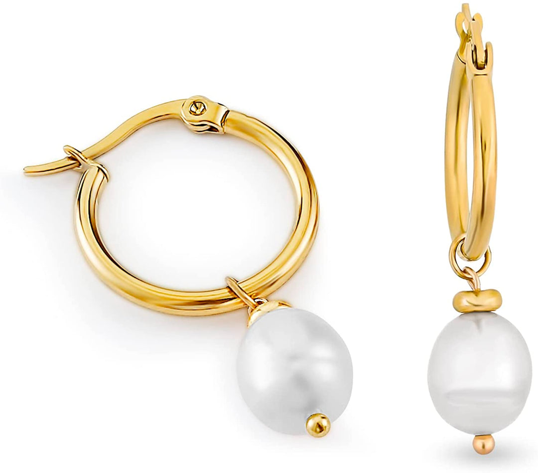 Pera Jewelry 14K Gold Plated Freshwater Cultured Pearl Earrings, Hoop Earrings with Pearl Dangle for Women with Gift Box | Minimalist, Tiny Dainty Pearl Earrings
