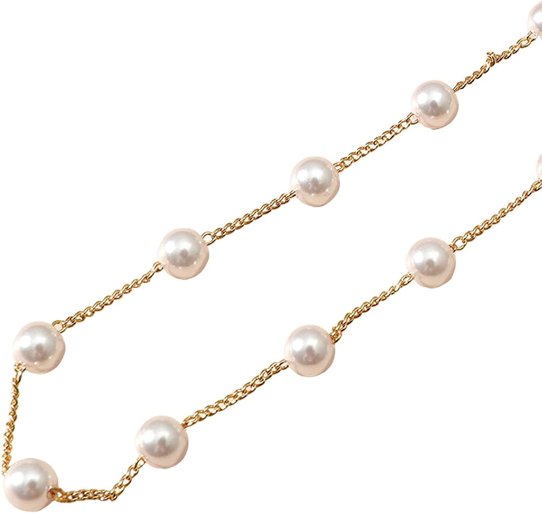 Pera Jewelry 14K Gold Plated Simulated White Pearls Bracelet, Link Adjustable Chain Bracelet for Women with Gift Box, Multilayer Simulated Pearl Bracelet with Chain