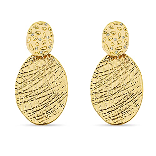 Pera Jewelry 14K Gold Plated Dangle Earrings with Cubic Zirconia Simulated Diamond, Hammered Circle Dangle Earrings for Women with Gift Box | Minimalist, Tiny Dainty Dangle Earrings