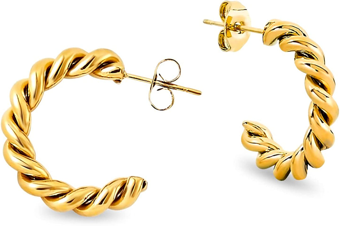 Pera Jewelry 14K Gold and Silver Plated Twisted Hollow Hoop Earrings, Twisted C Shaped Hoop Hypoallergenic Earrings for Women with Gift Box | Minimalist, Tiny Dainty Earrings