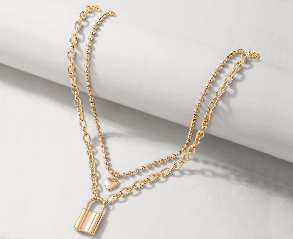 Pera Jewelry 14K Gold Plated Pendant Heart & Lock Necklace for Women with Gift Box | Adjustable Chain, Minimalist, Tiny Dainty Heart & Lock Choker Necklaces