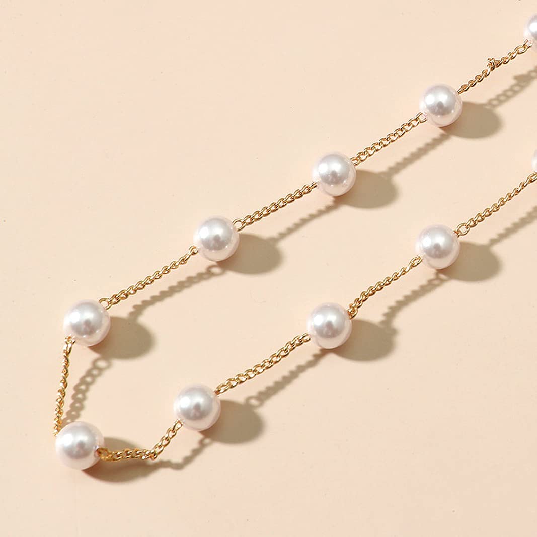 Pera Jewelry 14K Gold Plated Simulated White Pearls Bracelet, Link Adjustable Chain Bracelet for Women with Gift Box, Multilayer Simulated Pearl Bracelet with Chain
