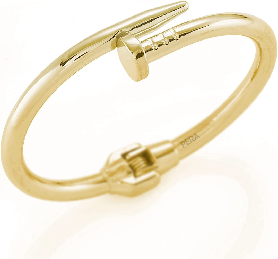 Pera Jewelry 14K Gold Plated Bangle Bracelet, Zirconia Simulate Diamond Bangle, Cuff Bracelets for Women with Gift Box, Buckled Nail Cuff Bold Bangle Bracelet