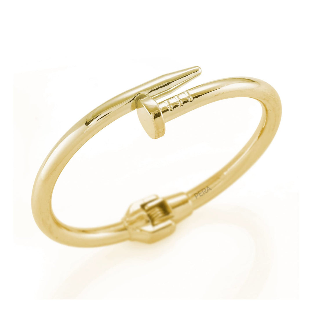 Pera Jewelry 14K Gold Plated Bangle Bracelet, Zirconia Simulate Diamond Bangle, Cuff Bracelets for Women with Gift Box, Buckled Nail Cuff Bold Bangle Bracelet