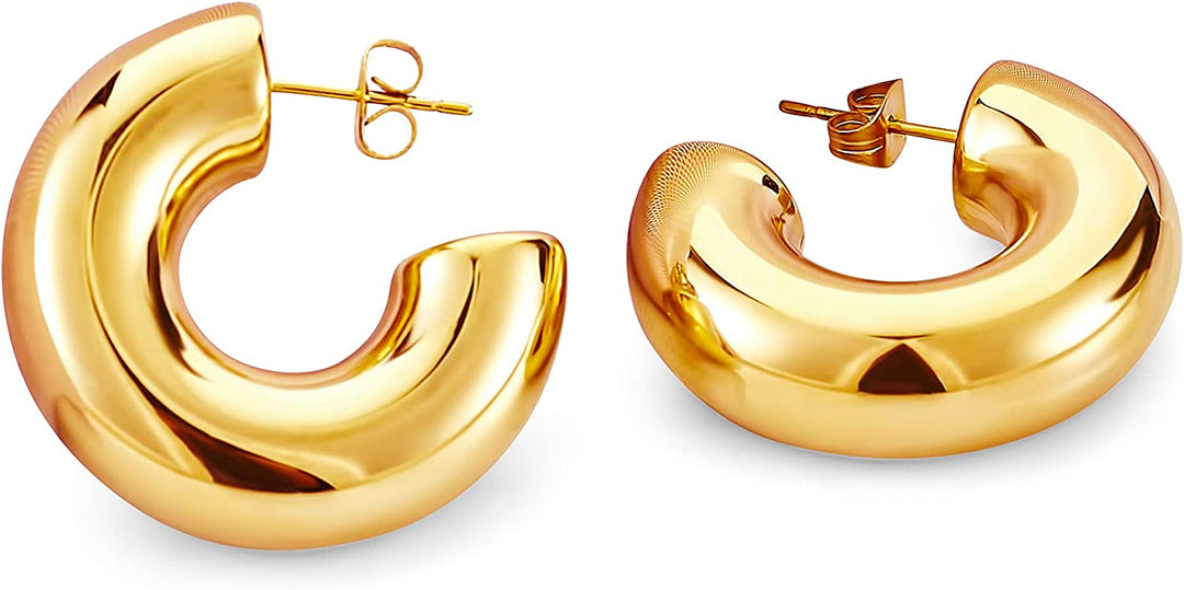 Pera Jewelry 14K Gold Plated Thick Hollow Hoop Earrings, Chunky Bold Hoop Hypoallergenic C Shaped Earrings for Women with Gift Box | Minimalist, Tiny Dainty Earrings