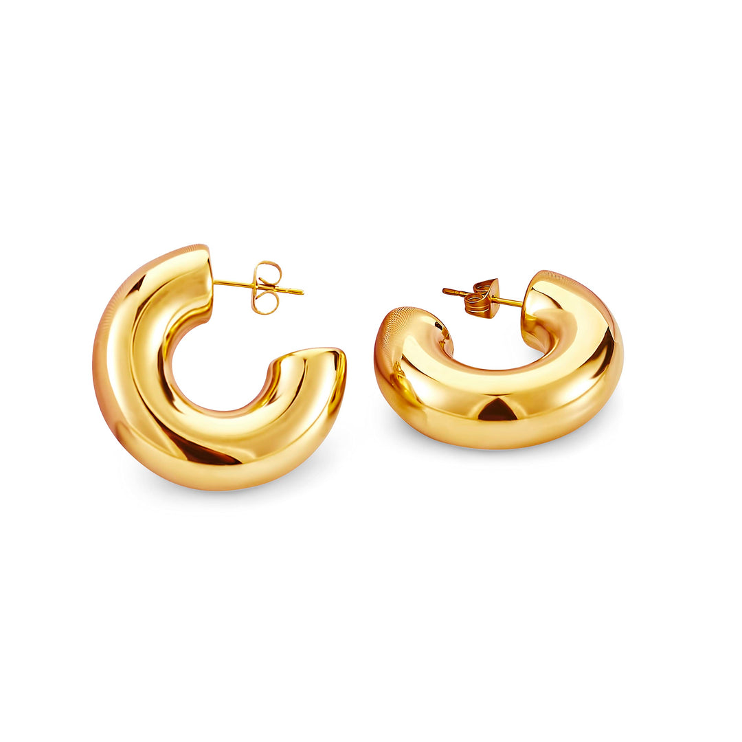 Pera Jewelry 14K Gold Plated Thick Hollow Hoop Earrings, Chunky Bold Hoop Hypoallergenic C Shaped Earrings for Women with Gift Box | Minimalist, Tiny Dainty Earrings