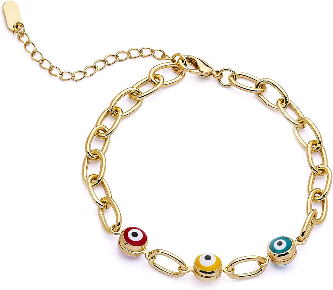 Pera Jewelry 14K Yellow Gold Plated Evil Eye Bracelets, Charm Enamel Evil Eye Protection Link Chain Bracelet, String Evil Eye Bracelets with Gift Box
