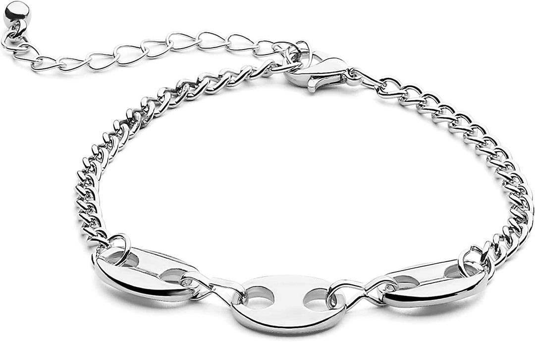 Pera Jewelry 14K Gold and Silver Plated Layered Bracelet Sets, 5 Pieces, Adjustable Layered Link Bracelets Sets, Dainty Link Paperclip Choker Bracelet Cuban Curb Figaro Link Bracelet Sets with Gift Box