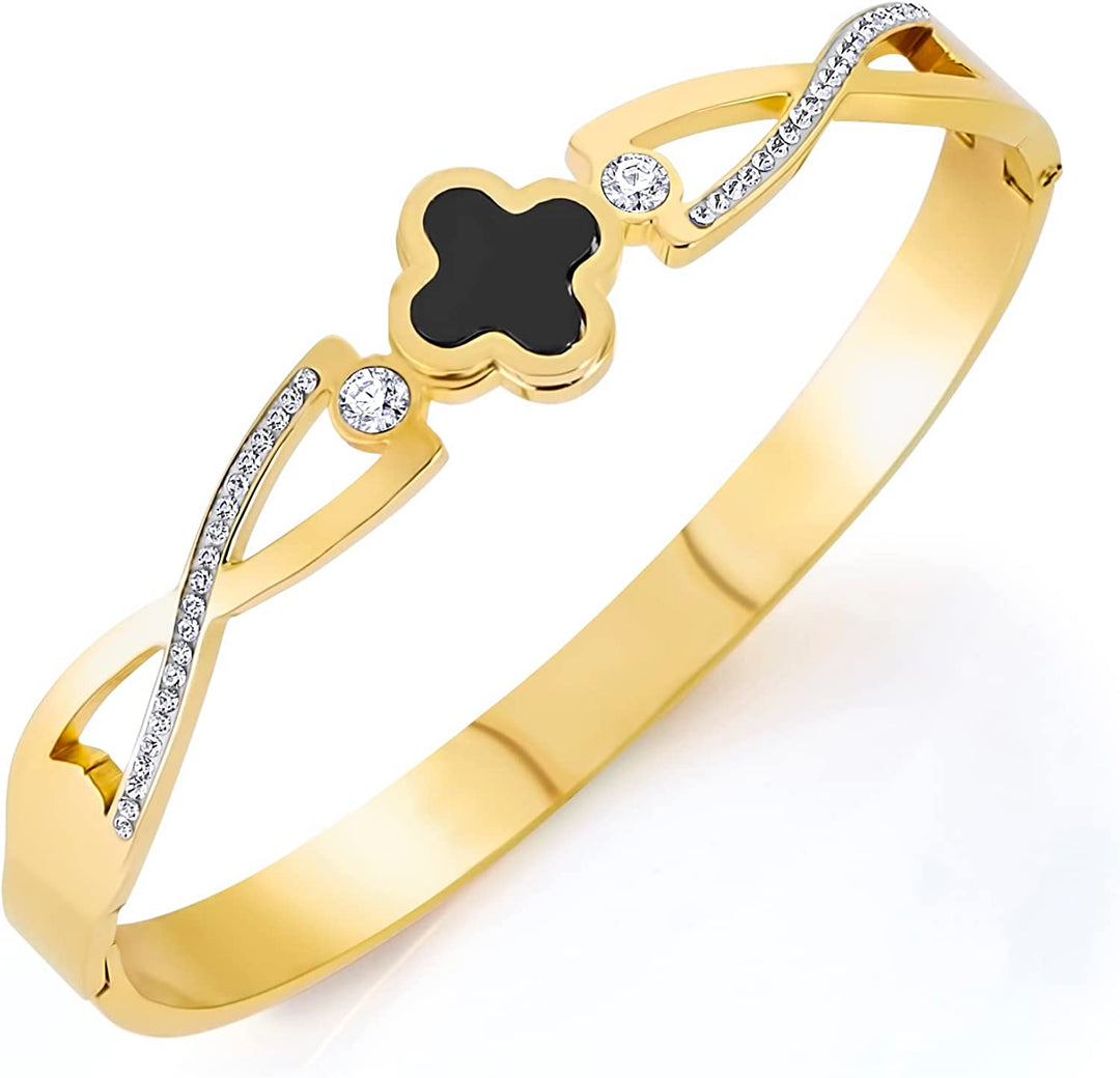 Pera Jewelry 14K Gold Plated Bangle Bracelet, Zirconia Simulate Diamond Bangle, Cuff Bracelets for Women with Gift Box, Buckled Nail Cuff Bold Bangle Bracelet