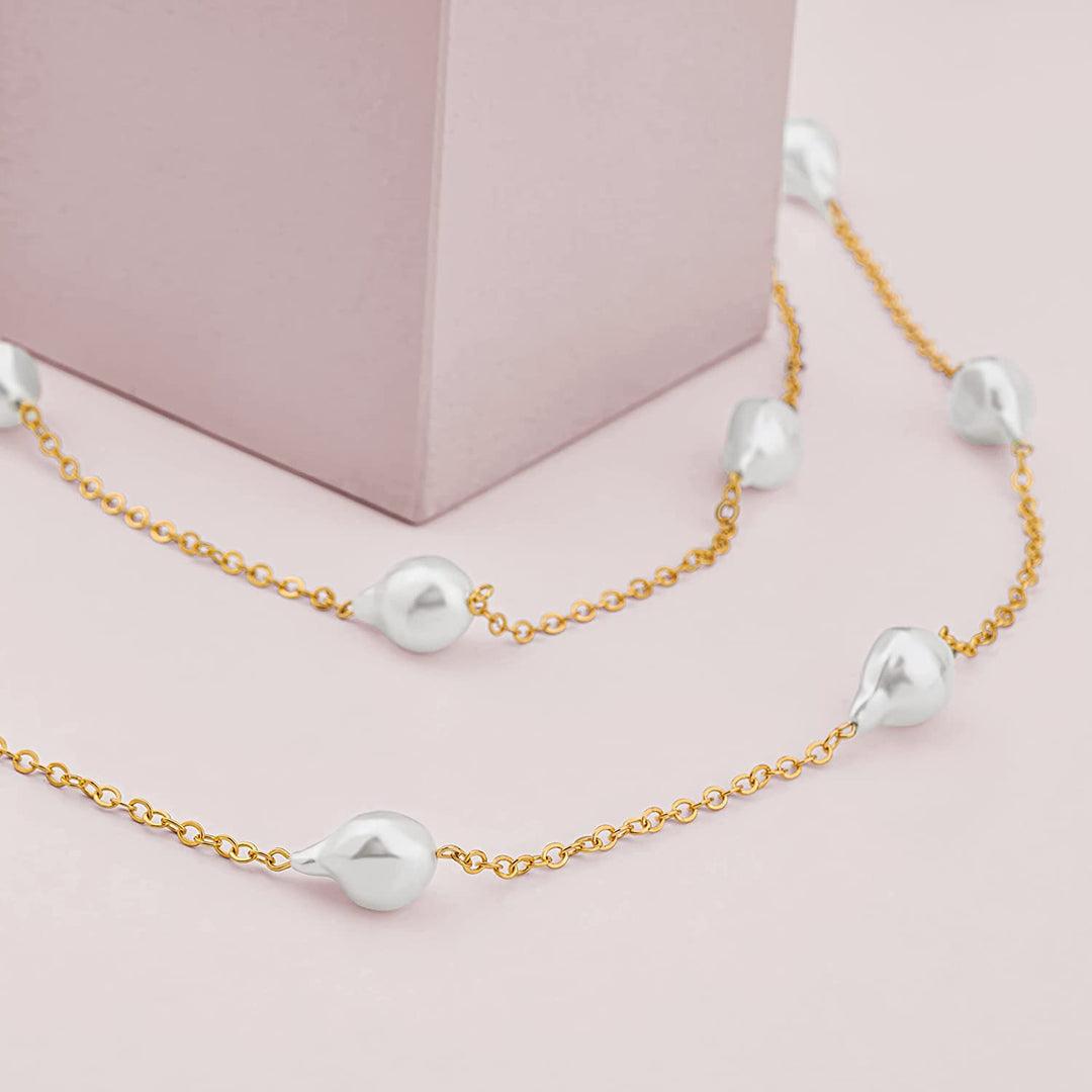 Cultured Pearl Station Necklace in 18Kt Yellow Gold Plated Layered White Freshwater Cultured Pearl Chain Necklace Pearl Endless Station Pearl Necklace Freshwater Pearls by the Yard Necklace
