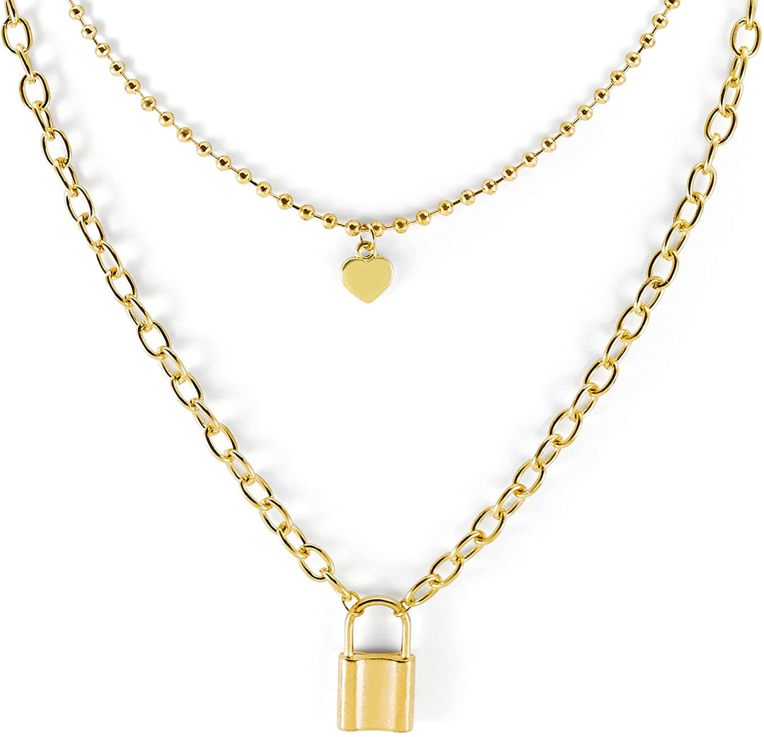Pera Jewelry 14K Gold Plated Pendant Heart & Lock Necklace for Women with Gift Box | Adjustable Chain, Minimalist, Tiny Dainty Heart & Lock Choker Necklaces