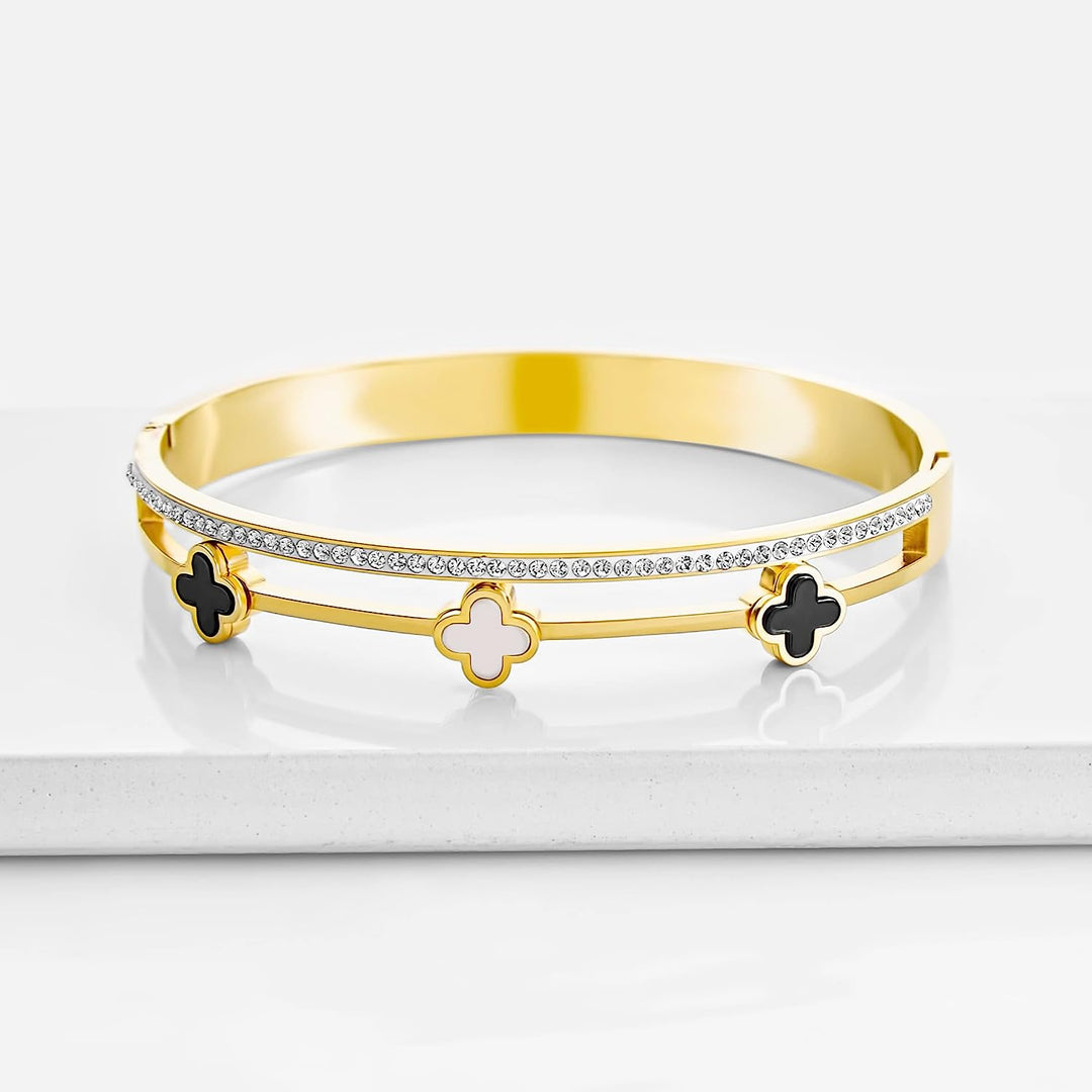 Pera Jewelry 14K Gold Plated Bangle Bracelet, Zirconia Simulate Diamond Bangle, Cuff Bracelets for Women with Gift Box, Buckled Nail Cuff Bold Bangle Bracelet