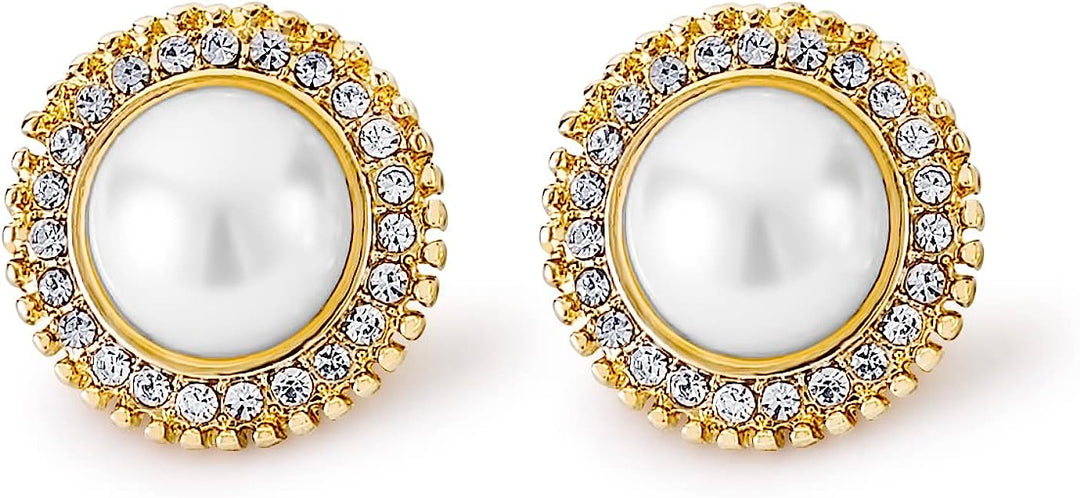 Pera Jewelry 14K Gold Plated Freshwater Cultured Pearl Earrings, Round Rhinestone Pearl Stud Earrings with Simulated Cubic Zirconia for Women with Gift Box | Minimalist, Tiny Dainty Pearl Earrings