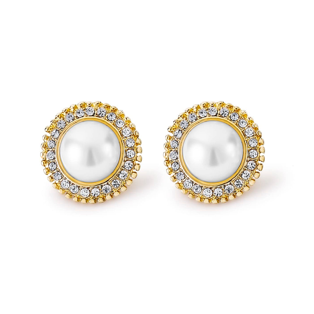 Pera Jewelry 14K Gold Plated Freshwater Cultured Pearl Earrings, Round Rhinestone Pearl Stud Earrings with Simulated Cubic Zirconia for Women with Gift Box | Minimalist, Tiny Dainty Pearl Earrings