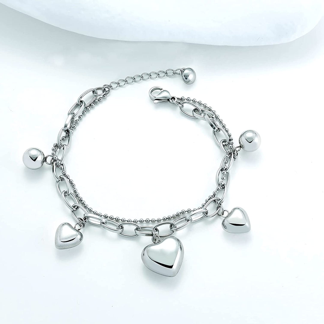 Pera Jewelry 14K Gold and Silver Plated Heart Charms Bracelet Heart Shape Link Bracelets, Zircon Heart Shaped Bracelet Heart Link Layered Chain Bracelet with Gift Box