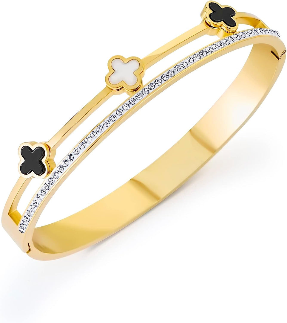 Pera Jewelry 14K Gold Plated Bangle Bracelet, Zirconia Simulate Diamond Bangle, Cuff Bracelets for Women with Gift Box, Buckled Nail Cuff Bold Bangle Bracelet