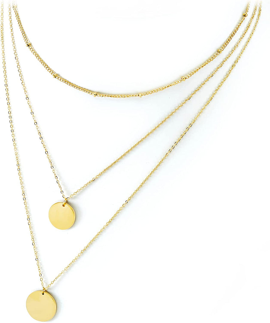 Pera Jewelry 14K Gold Plated, Silver Plated and Rose Gold Plated Coin Pendant, Layered Necklaces for Women with Gift Box | Adjustable Chain, Minimalist, Tiny Dainty Circle Choker Necklaces