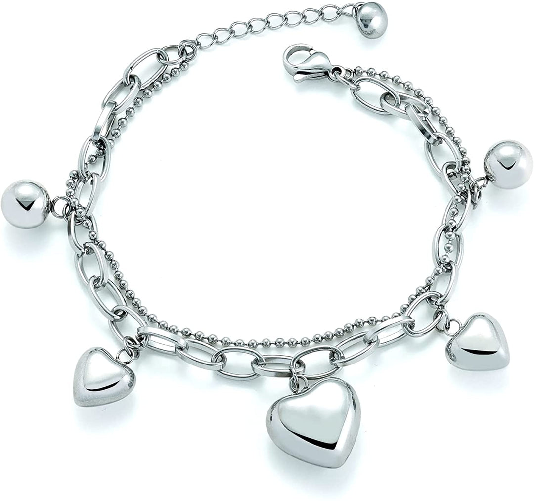 Pera Jewelry 14K Gold and Silver Plated Heart Charms Bracelet Heart Shape Link Bracelets, Zircon Heart Shaped Bracelet Heart Link Layered Chain Bracelet with Gift Box