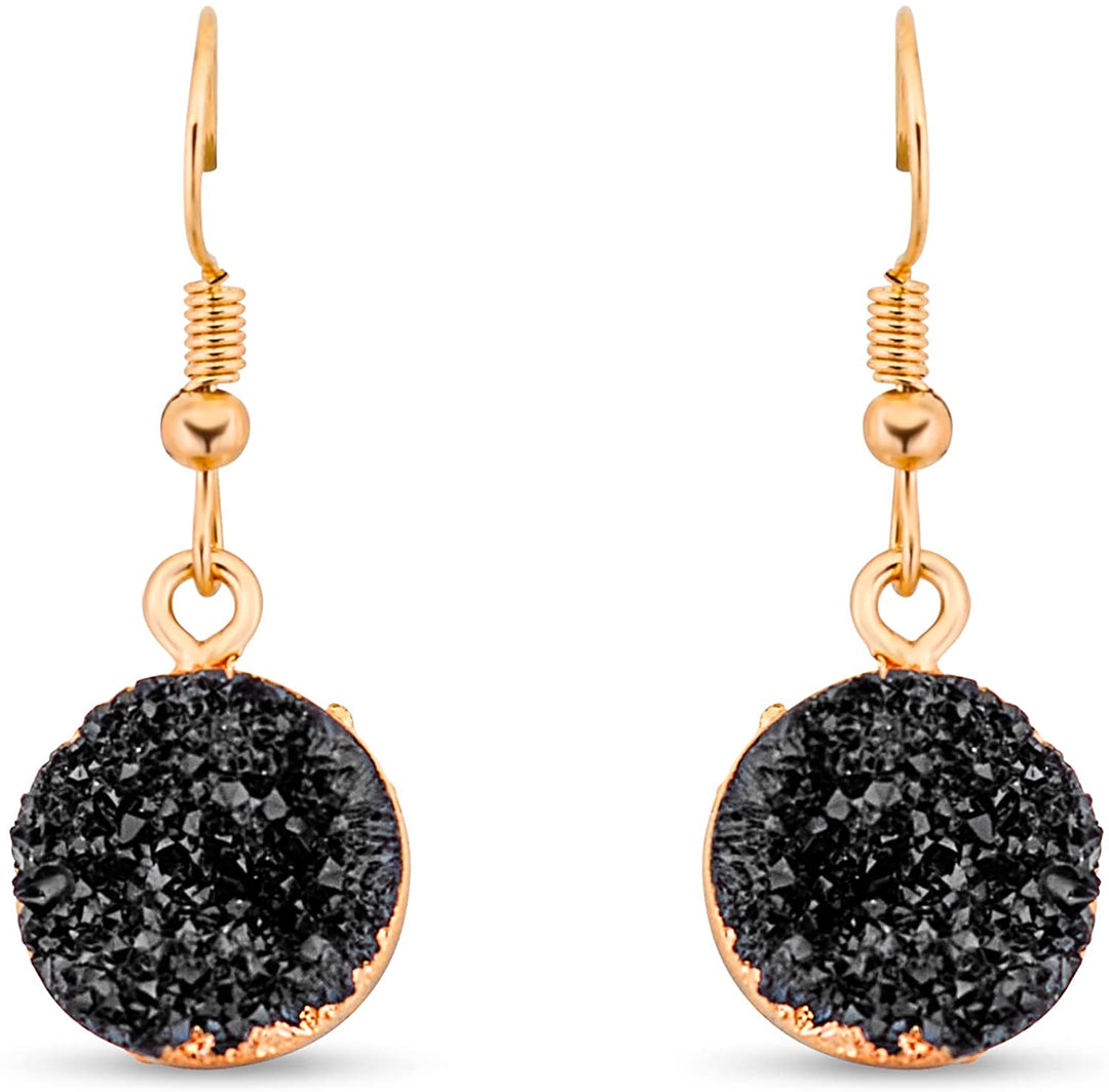 Pera Jewelry 14K Gold Plated Natural Stone Round Earrings, Wrap Dangle Drop Earrings for Women with Gift Box | Minimalist, Tiny Dainty Dangle Earrings Black
